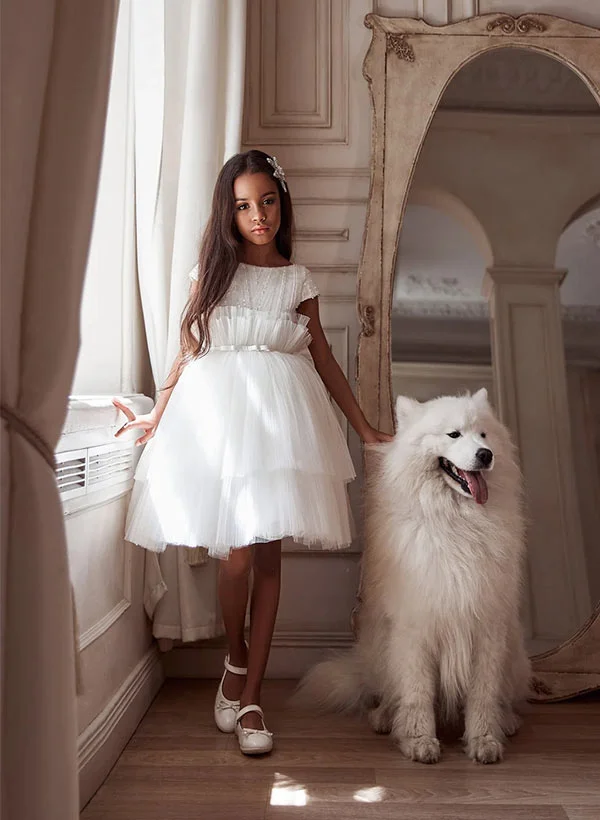 A-line Scoop Neck Short Sleeves Knee-length Tulle Flower Girl Dresses – Missacc