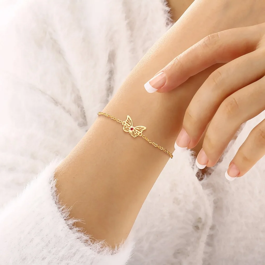Personalised Dainty Butterfly Bracelet With Birthstone Birthday Christmas Gift For Women