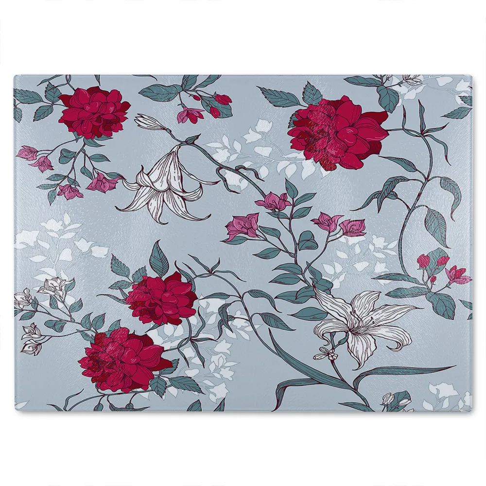 Red & White Winter Floral Glass Chopping Board