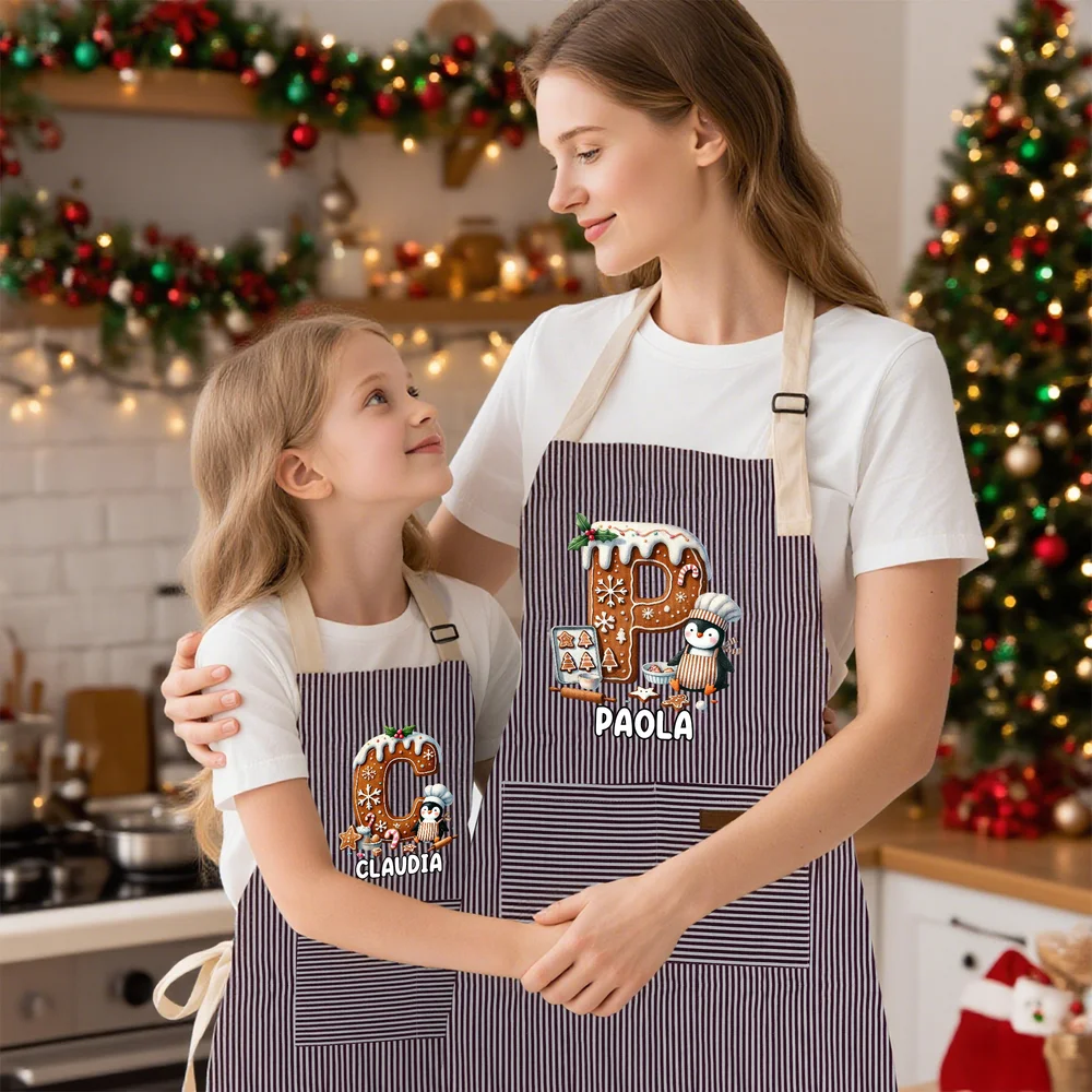 Grembiule Da Cucina Personalizzato In Cotone Con Nome E Pinguino In Stile Cartone Animato Regalo Di Natale Per Bambini E Adulti - Callie