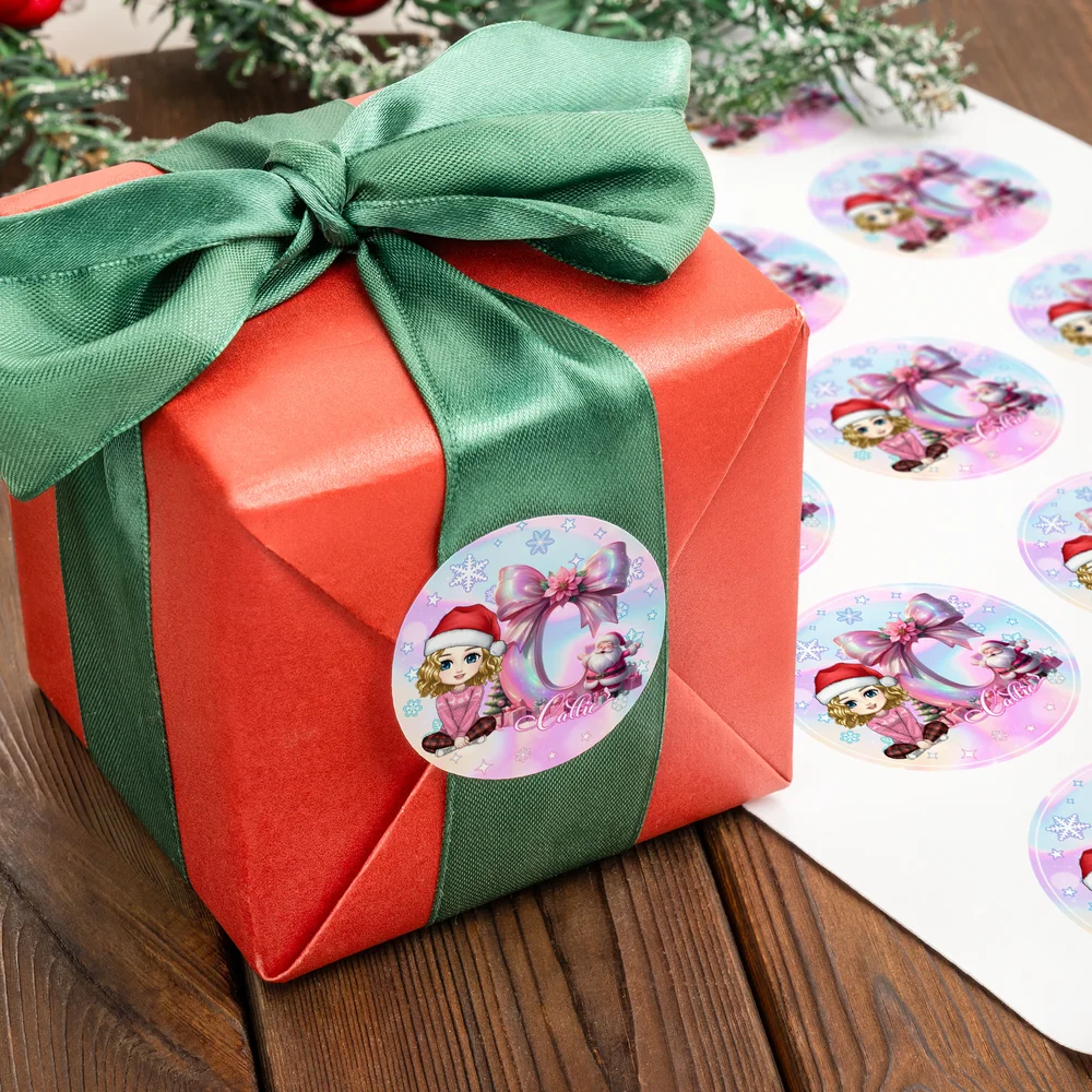 Personalizzato Natale Personaggio Dei Cartoni Animati Adesivi Impermeabili Con Glitter Rosa Fiocco Iniziale E Nome Regalo Di Natale Per La Famiglia Amico