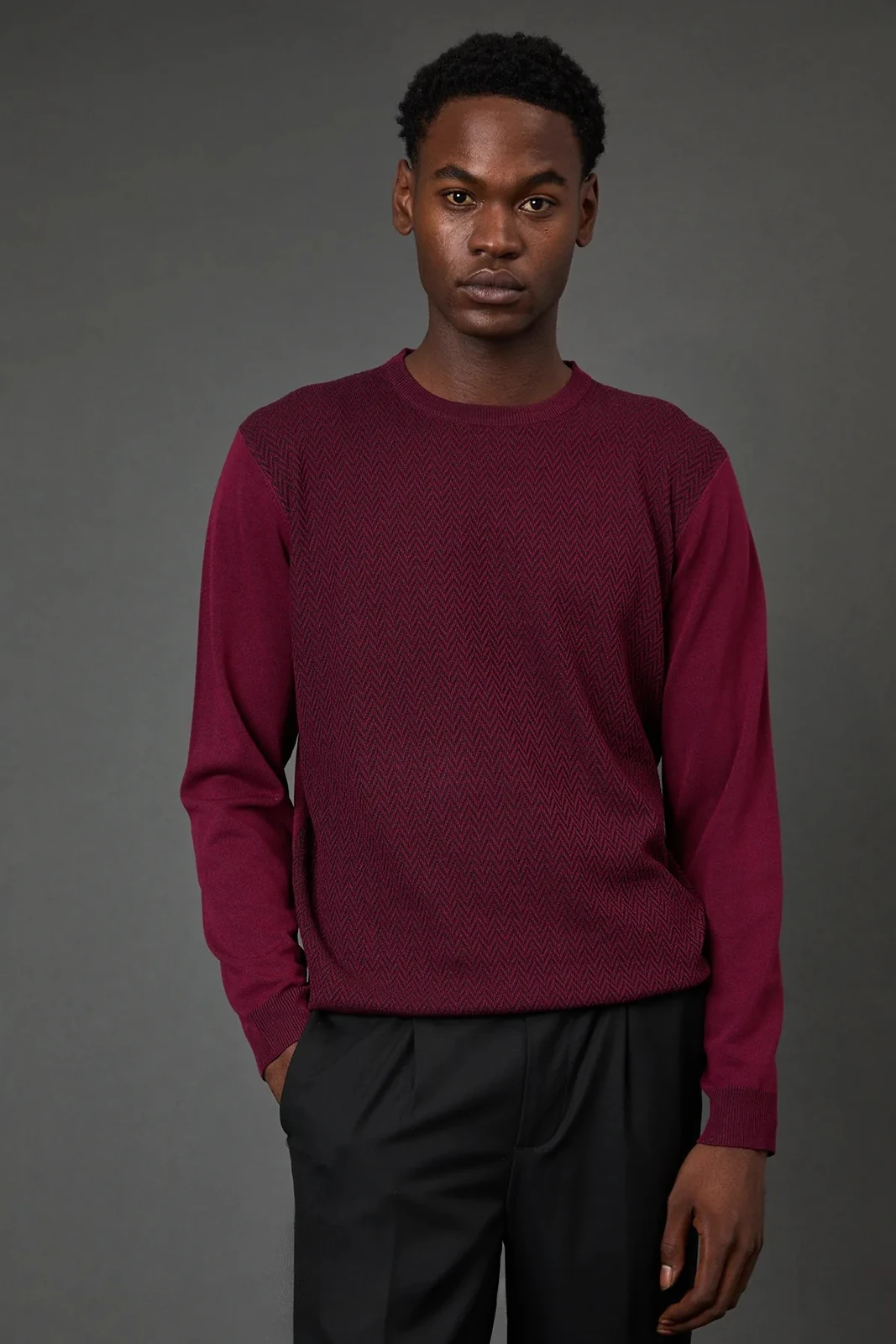 Burgundy Jacquard Crew Neck Jumper – Burton