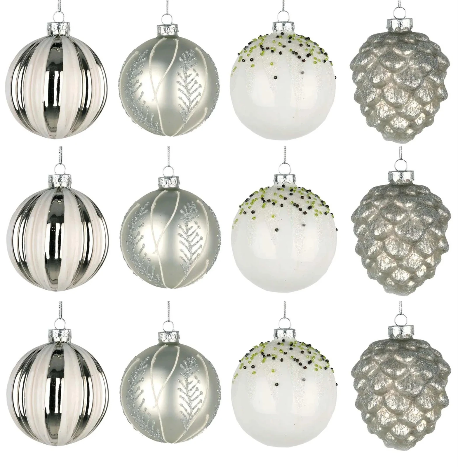 Christmas Glass Baubles 12pcs Set - 8cm Ornaments With 4 Stunning Assorted Designs
