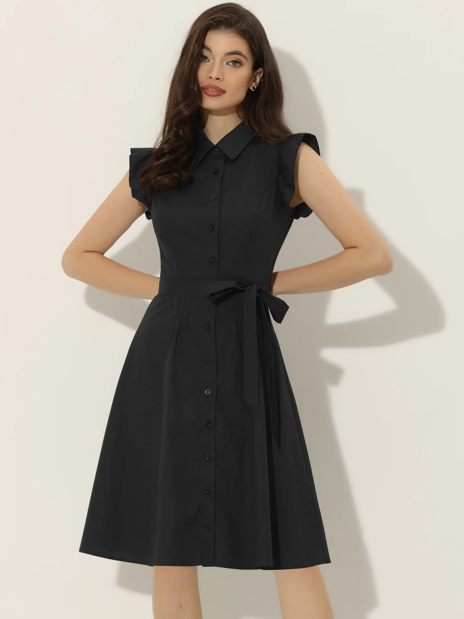 Office Ruffled Sleeve Belted Cotton Button Midi Shirt Dress