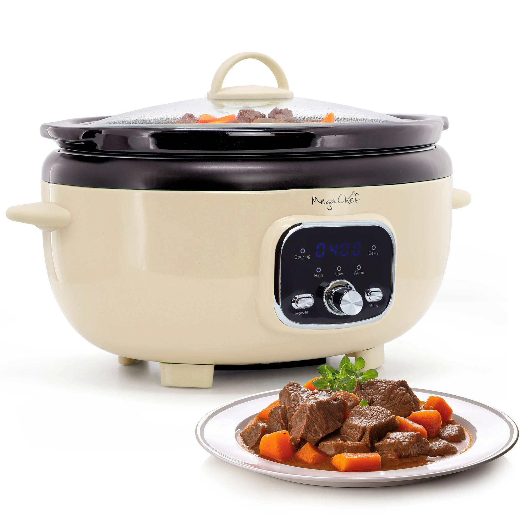 Megachef 3.7 Quart Oval Electric Digital Slow Cooker In Cream With Black Pot