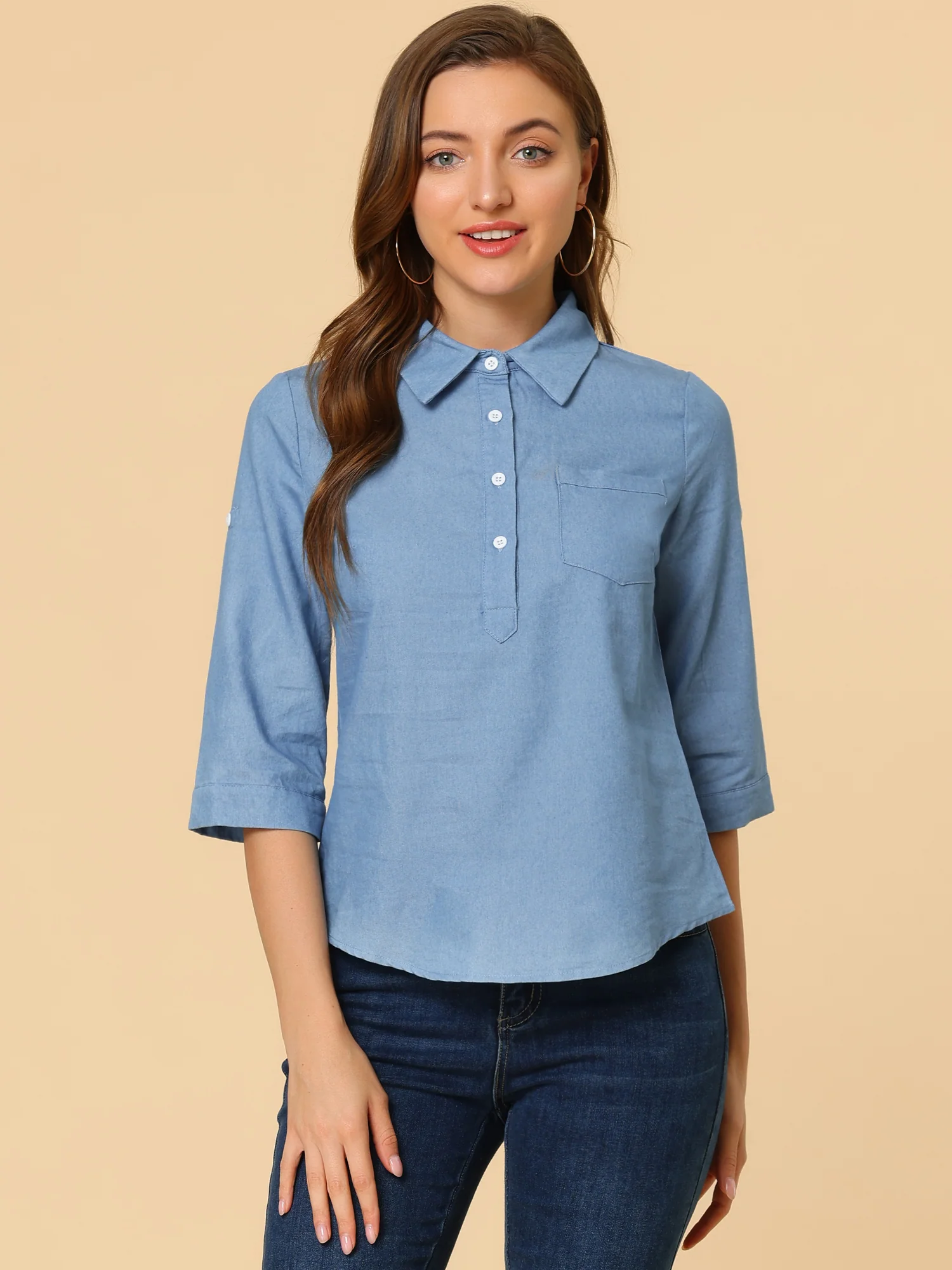 Half Button Front Casual 3/4 Roll Up Sleeve Chambray Blouse - Xs