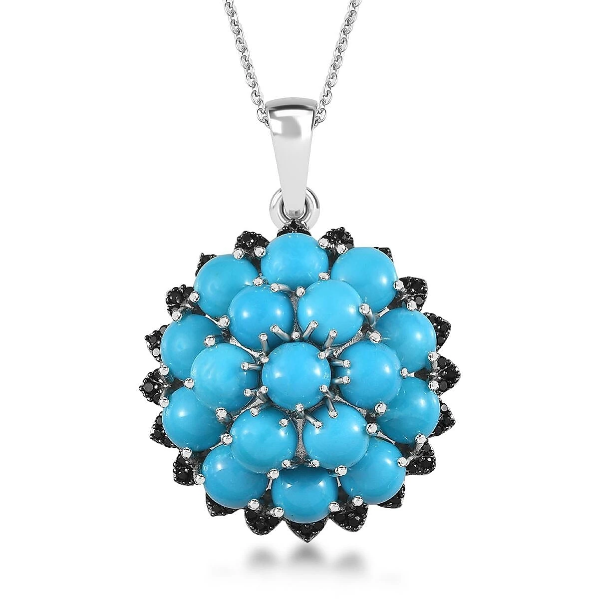 Premium Sleeping Beauty Turquoise And Thai Black Spinel Cluster Pendant Necklace 20 Inches In Platinum Over Sterling Silver 8.85 Ctw