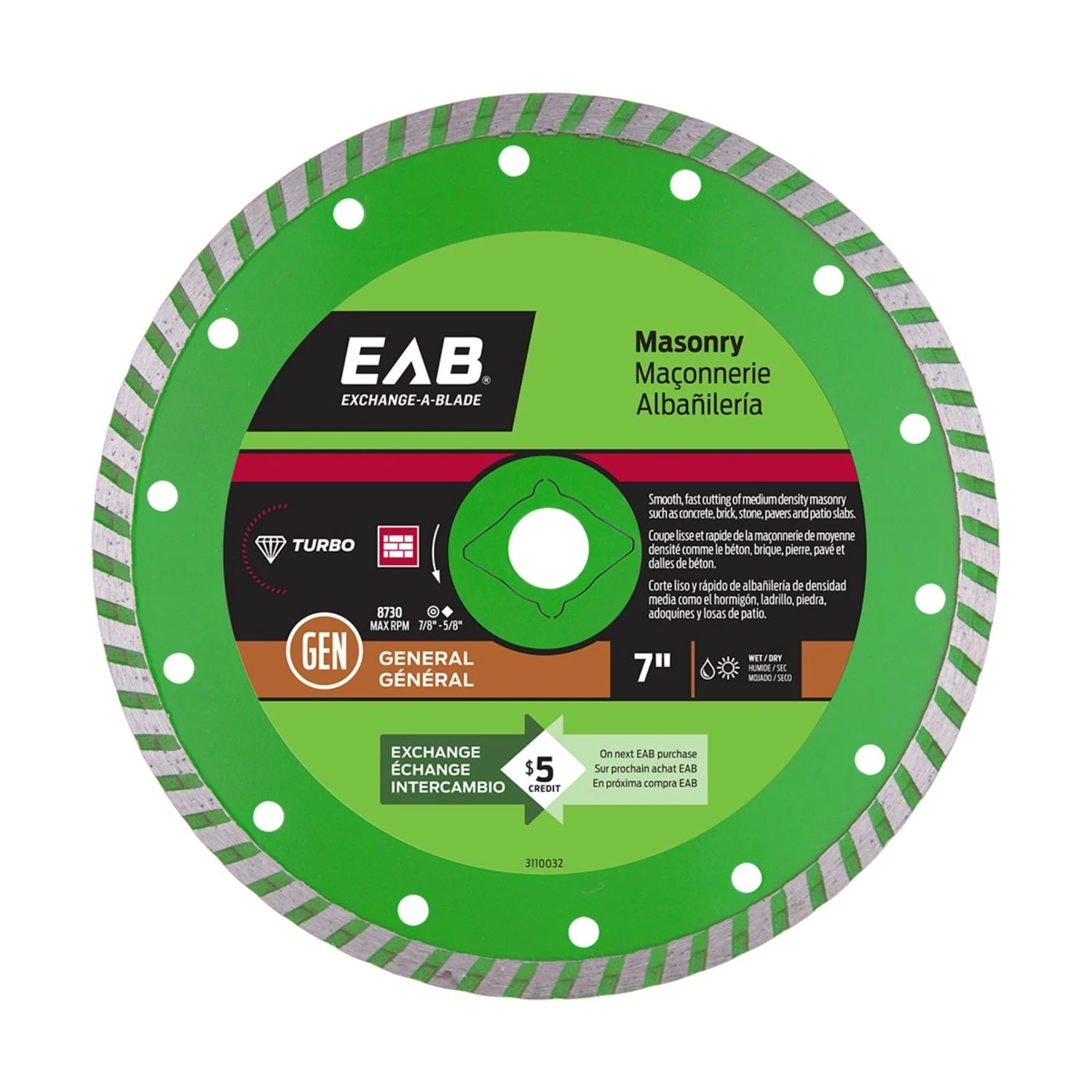 Exchange-a-blade 7 In. D X 5/8 And 7/8 In. Diamond Turbo Diamond Saw Blade 1 Pk