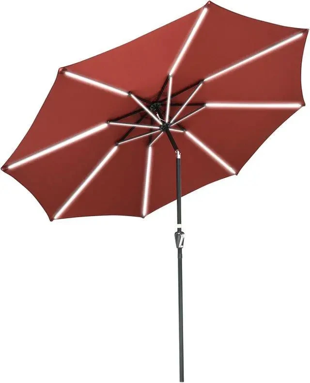 10ft Solar Power Led Patio Umbrella Market Parasol Yard Sunshade Tilt With Crank