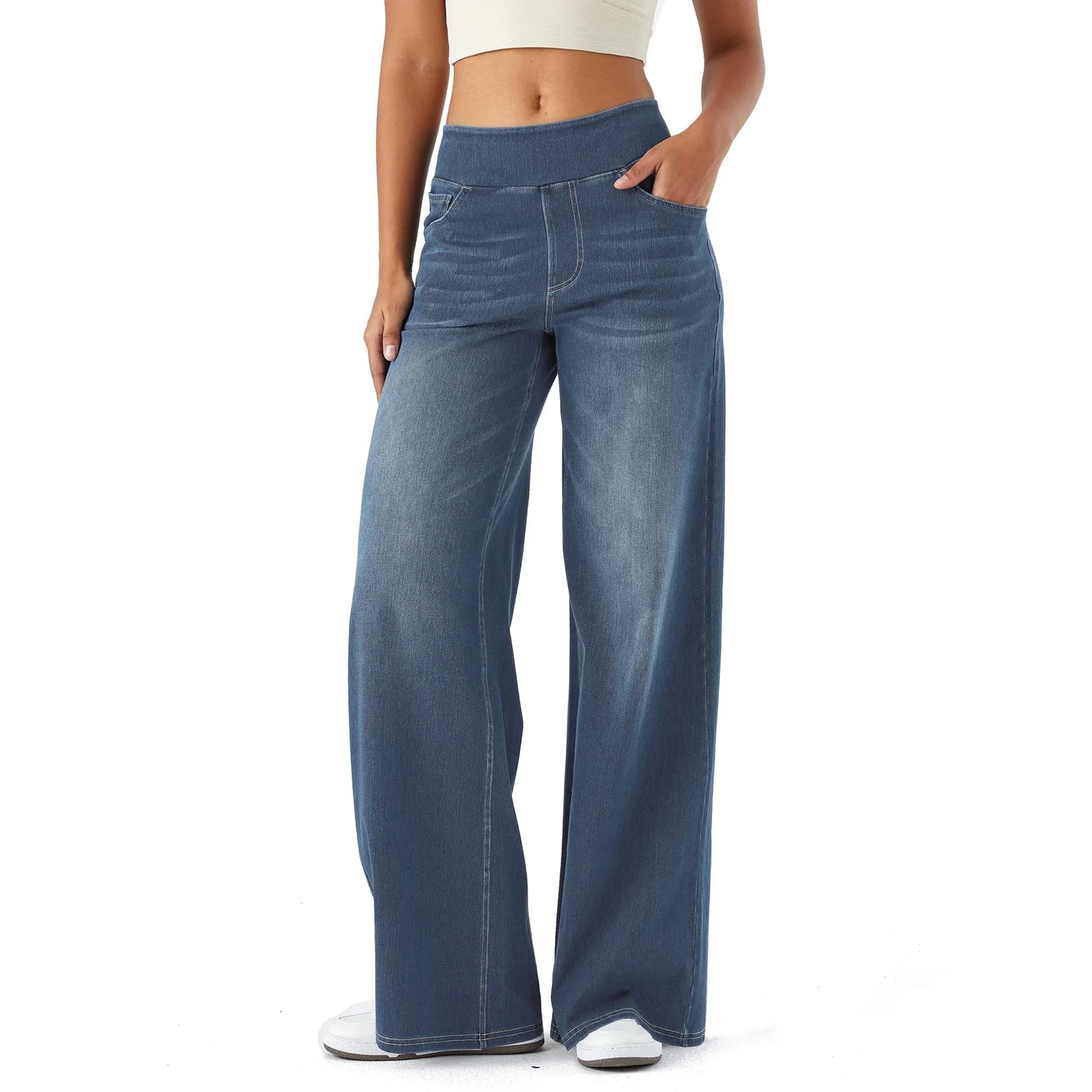 Showitty Women's High-waisted Wide-leg Jeans | Crossover Flared Jeans Stretchy Denim Pants