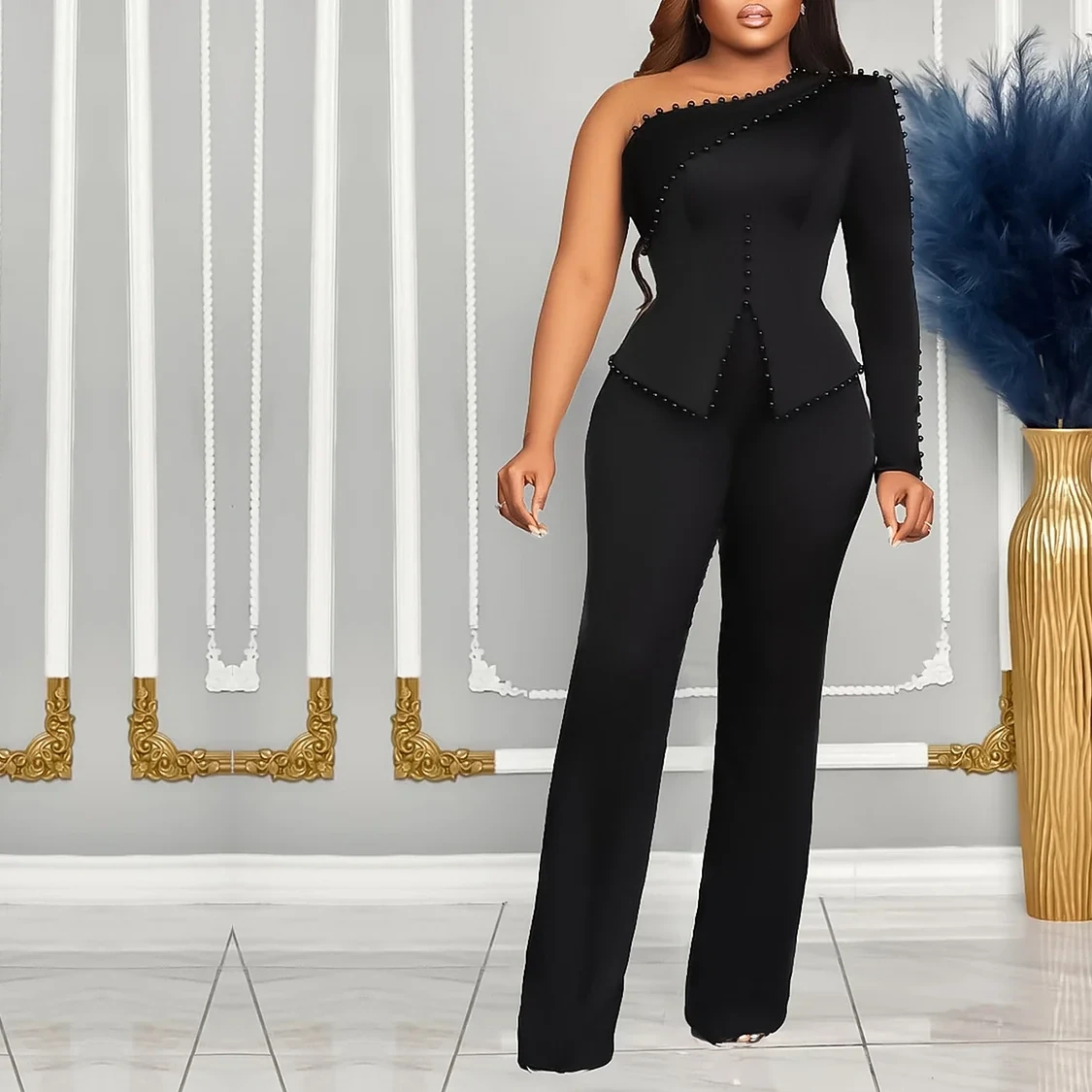 Beads Single Long Sleeve A-line Top Straight Leg Pants Matching Set-black
