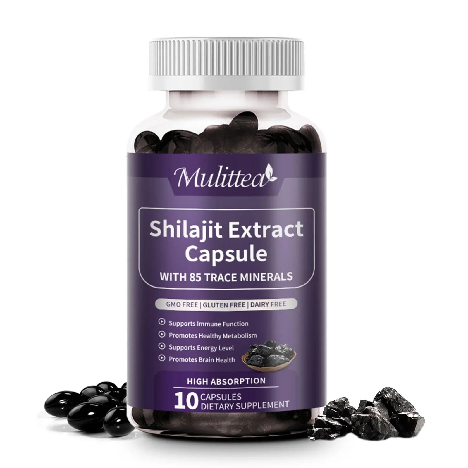 Mulittea Shilajit Capsules Shilajit Pure Himalayan Organic Supplement For Strength, Energy, Immunity With Fulvic Acid & Trace Minerals - 10pcs