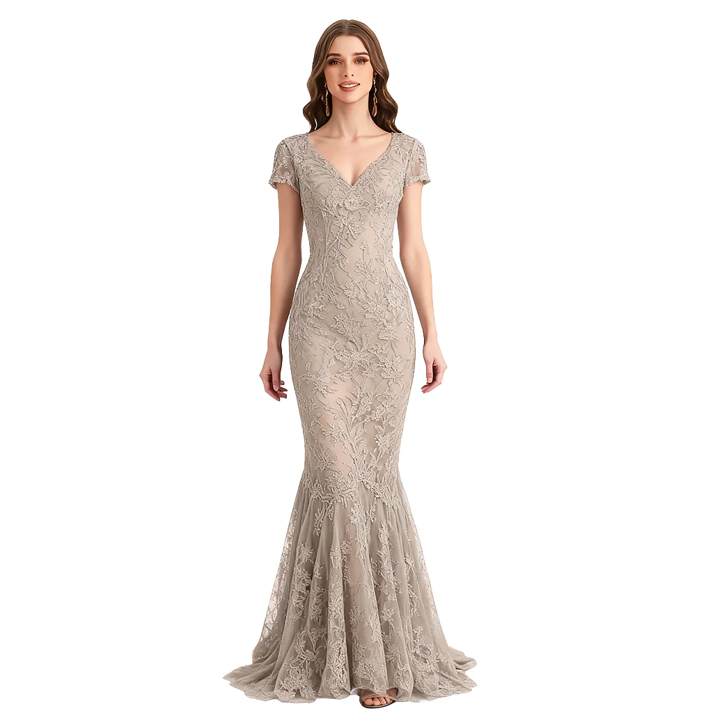 Elegant V-neck Cap Sleeves Chiffon Mermaid Long Mother Of The Bride Dresses - Burnt-orange