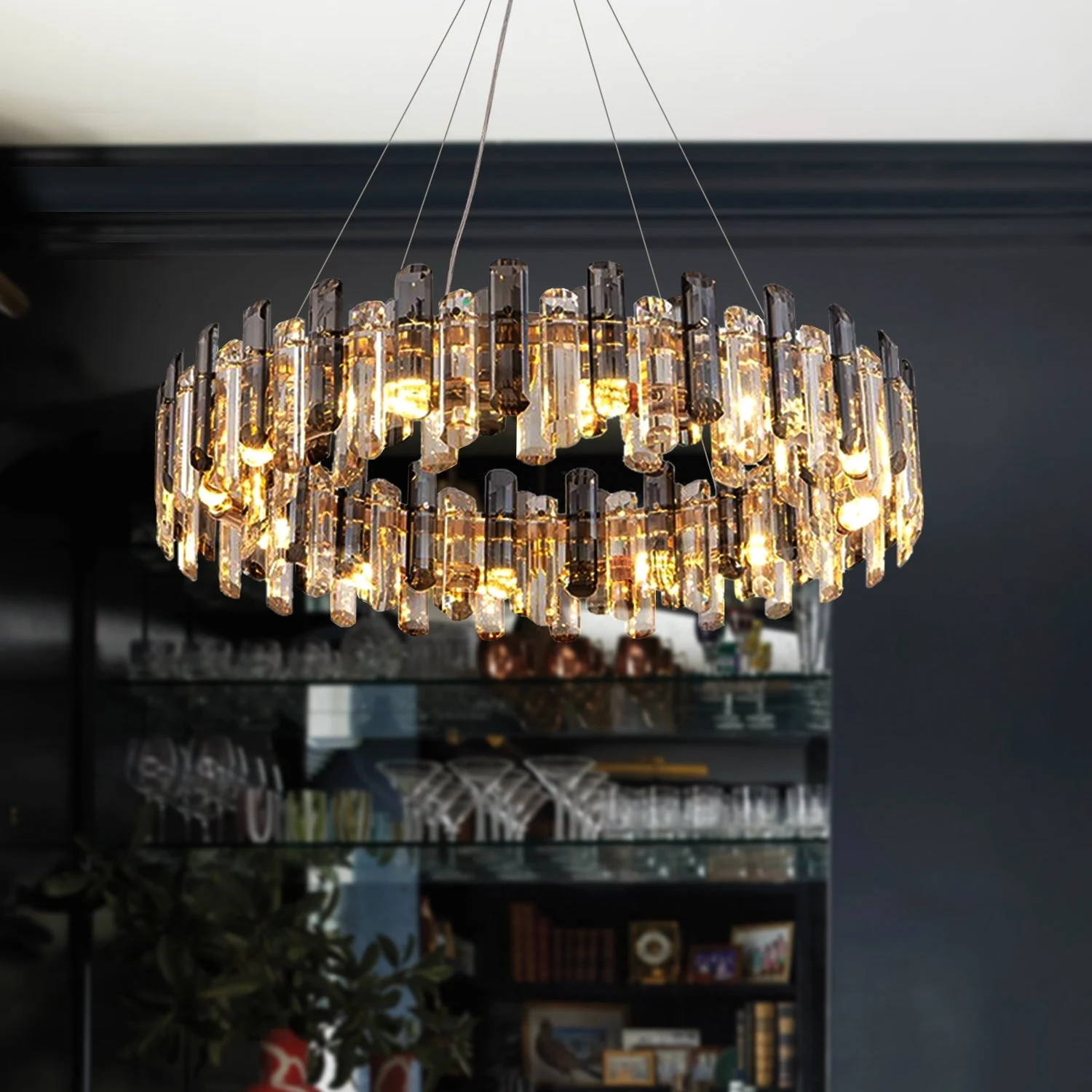 Round Crytsal Shade Gold Chandelier - W 31.5" X H 7"