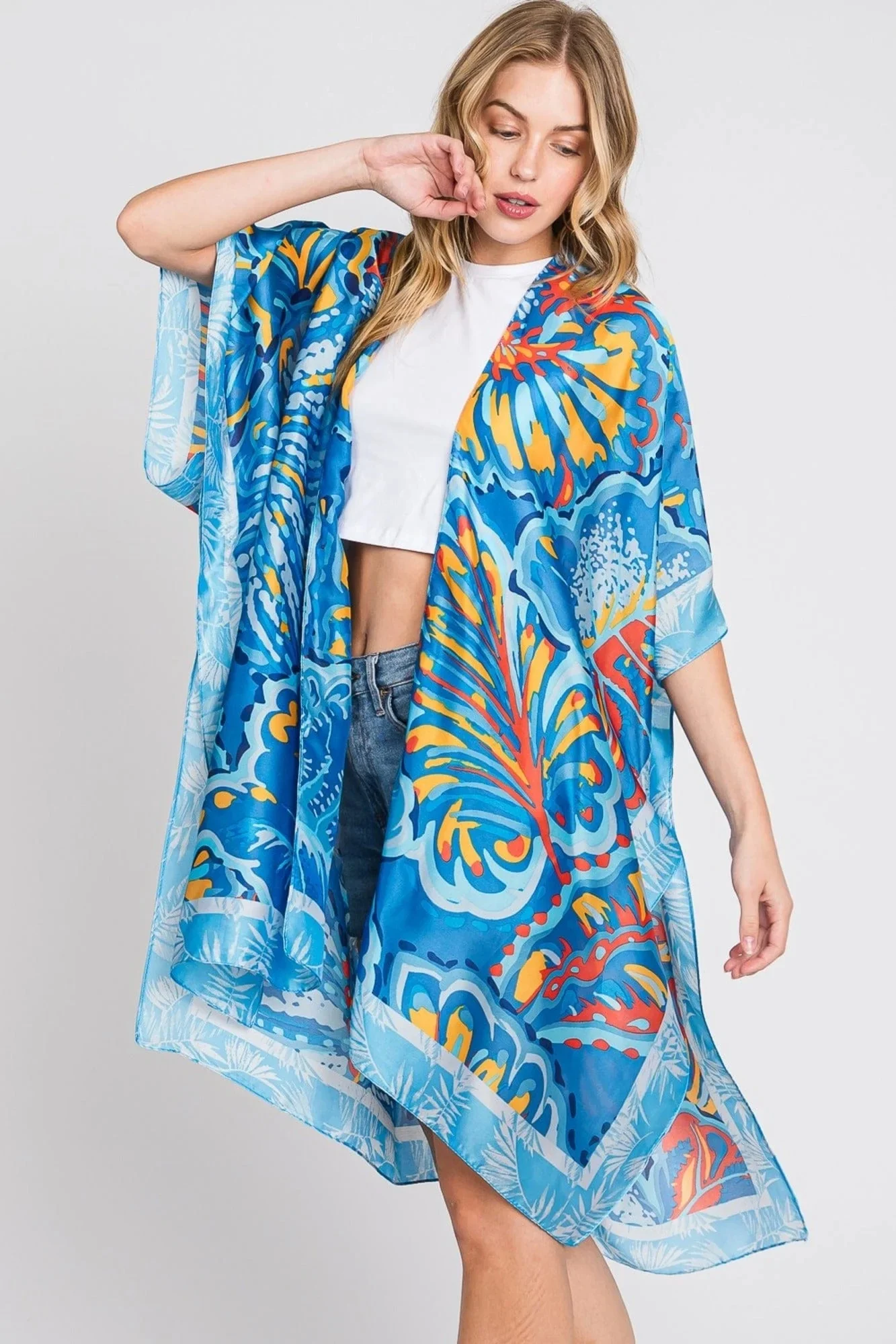 Ms0347 Evelyn Watercolor Flower Kimono - Blue