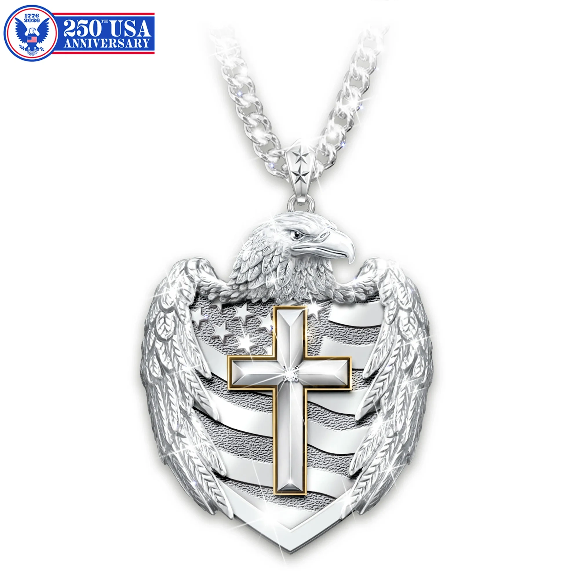 One Nation Under God Mens Stainless Steel Patriotic & Religious Diamond Eagle Shield Pendant Necklace Featuring 24k Ion-plated Gold Accents
