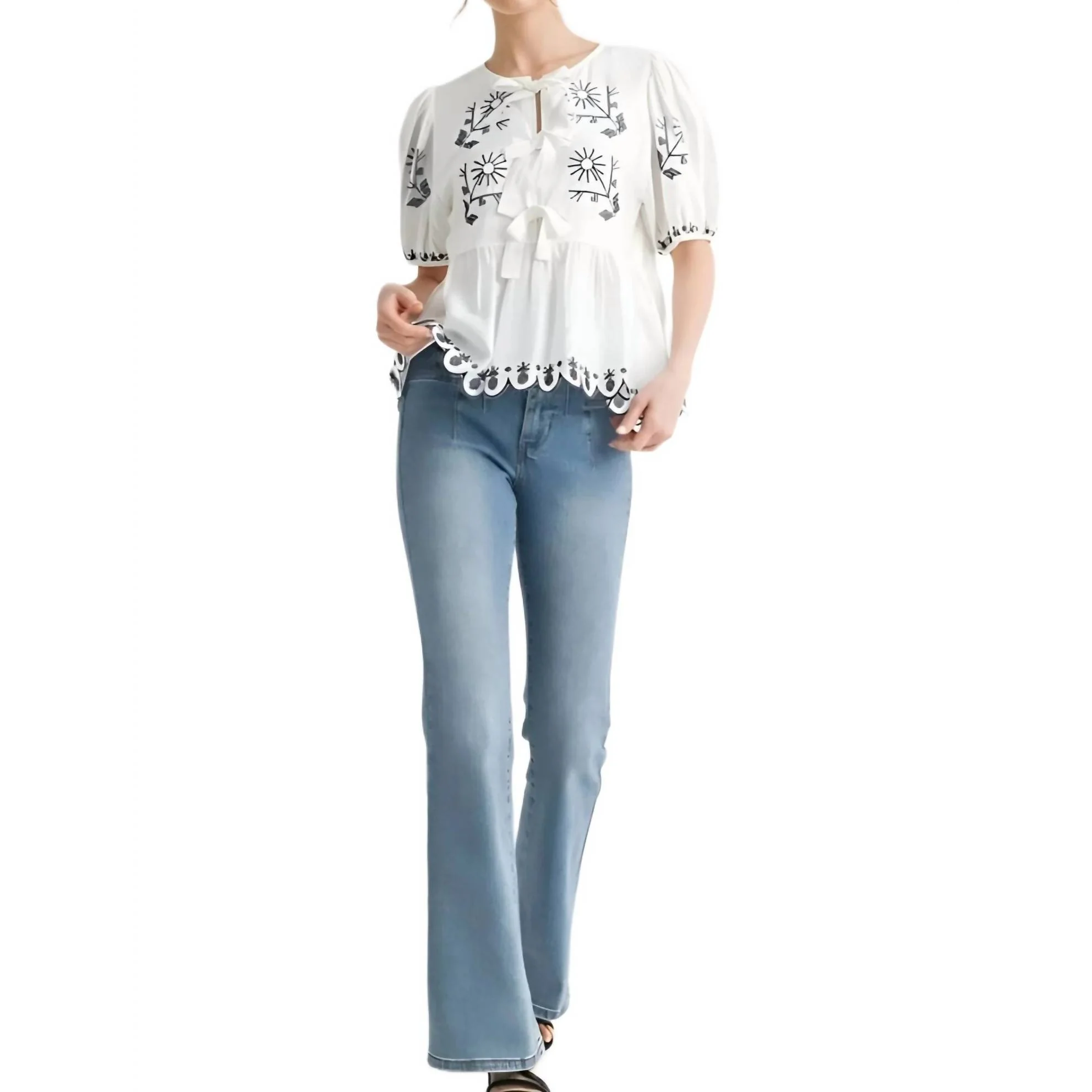 Knit & Lounge - Embroidered Puff Sleeve Bow Blouse - M