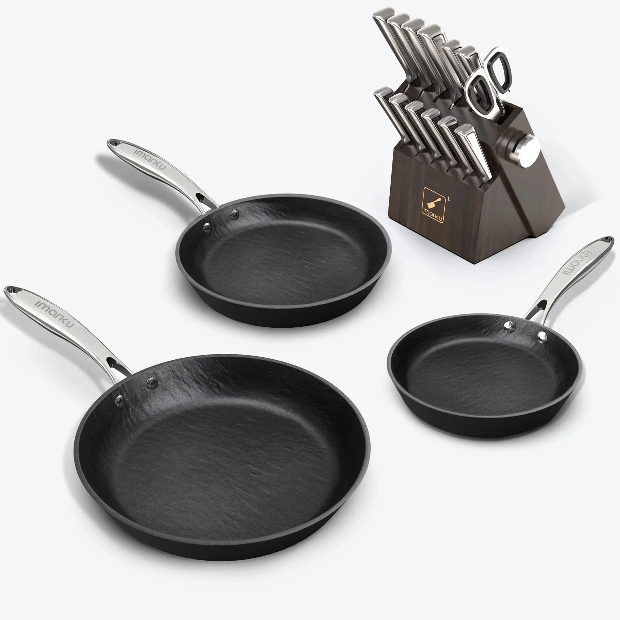 Stainless Steel Knife Set With Sharpener And 3 Sizes Nonstick Frying Pans - Black