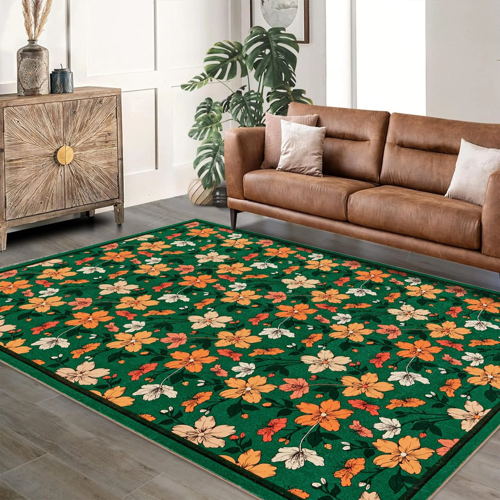 Garvee Floral Rug 9x12 Washable Non Slip Boho Soft Bedroom Carpet, Large Area Colorful Flower Mat Green
