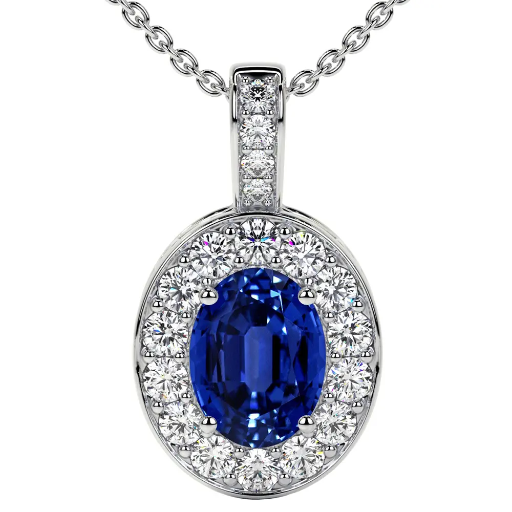Natural Blue Sapphire Oval Cut Untreated Classic Halo Pendant (2.88cttw)