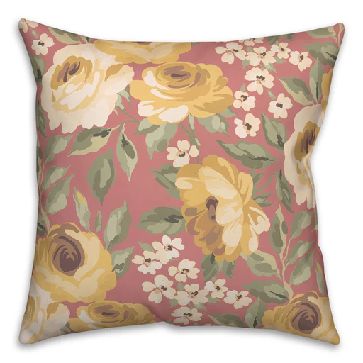 Yellow Flowers Indoor / Outdoor Throw Pillow - Pink/18x18