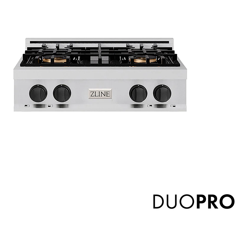 Zline Autograph Edition 30 In. Classic Gas Rangetop With 4 Burner Duopro™ Cooktop In Stainless Steel And Matte Black Accents (pcrtz-30-mb)