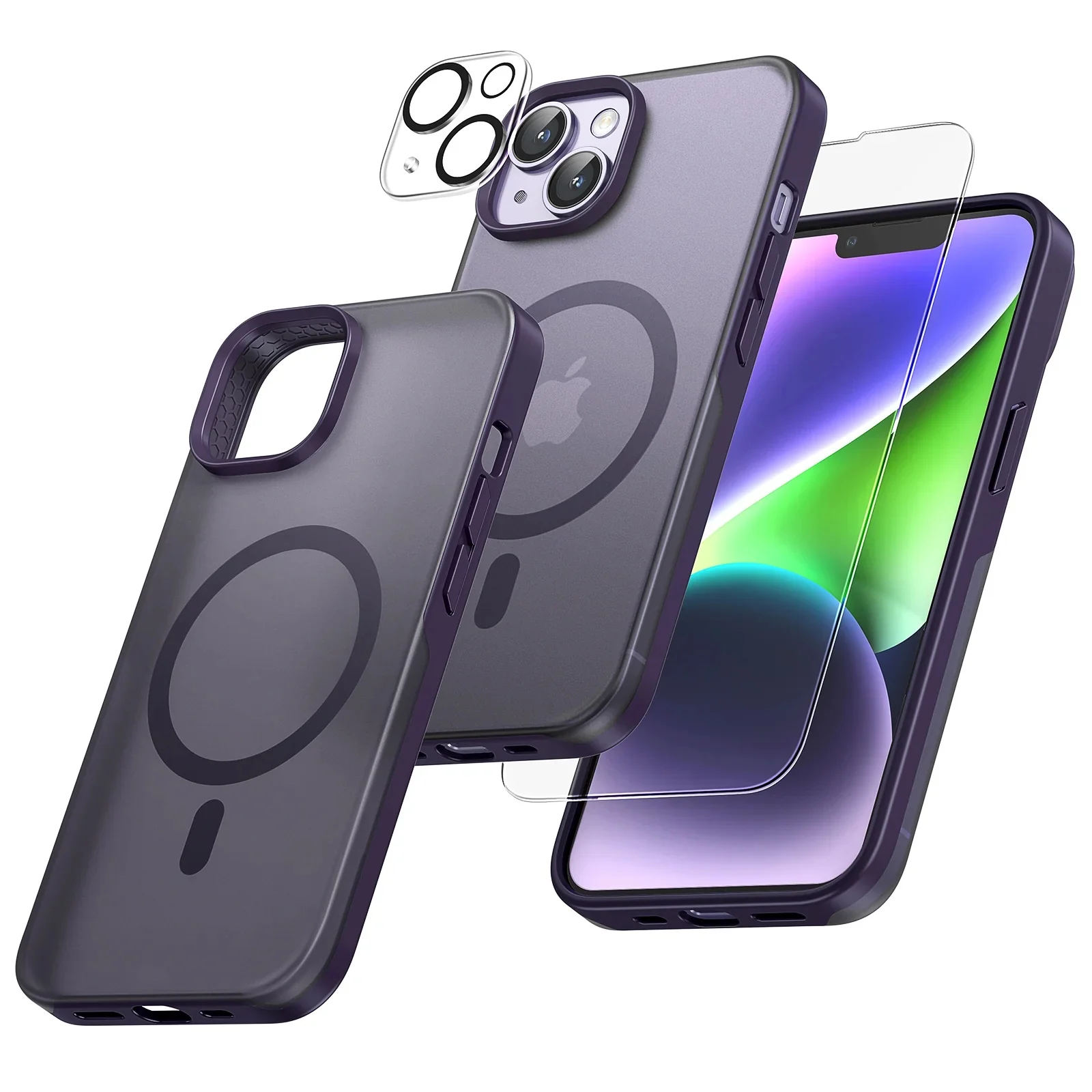 Tauri [5 In 1] Magnetic Case For Iphone 14 Plus [military Grade Drop Protection] With 2x Screen Protector +2x Camera Lens Protector, Translucent Matte Slim Fit Compatible With Magsafe Case-purple