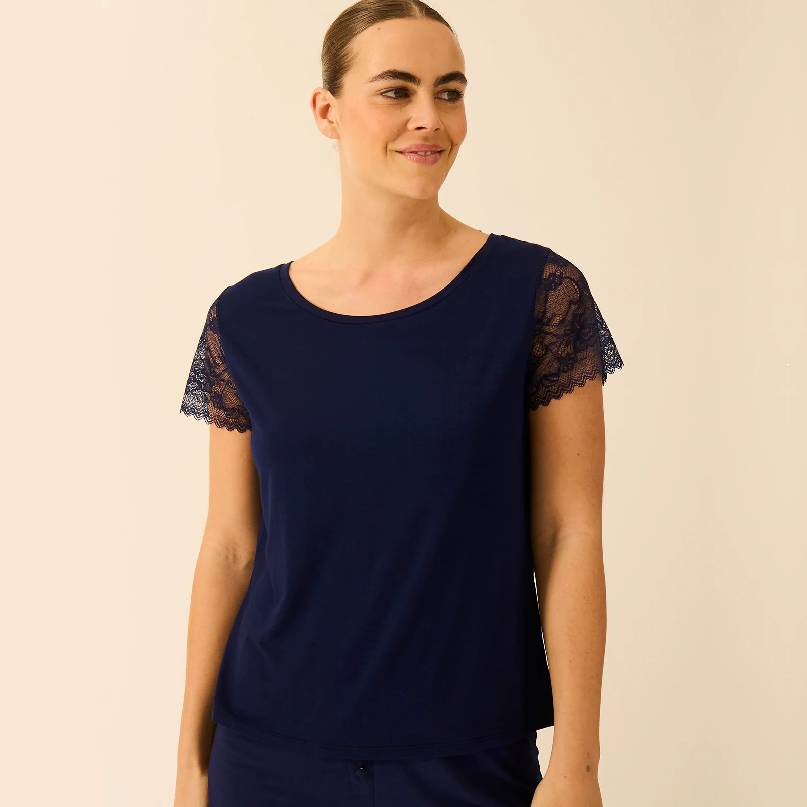 Eco Lace Slouchy Pyjama Top - Navy - 3x