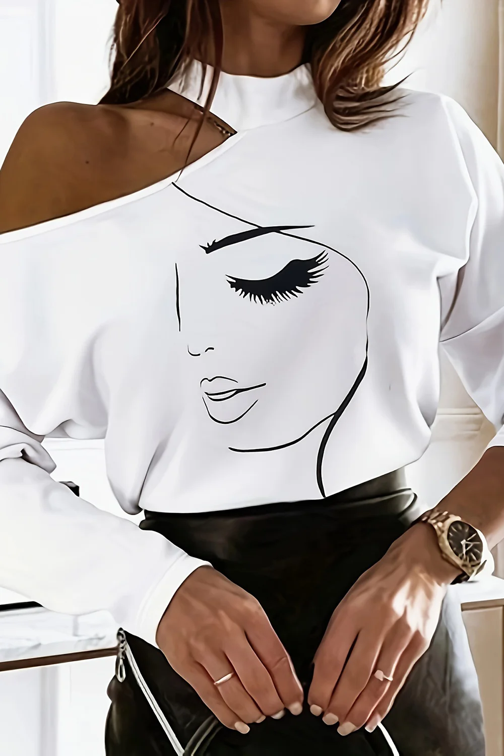 Face Print Mock Neck Long Sleeve Cut Out Casual Top-white