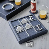 Sailboat & Anchor Indigo Blue Faux Grass Cloth Tic Tac Toe Set