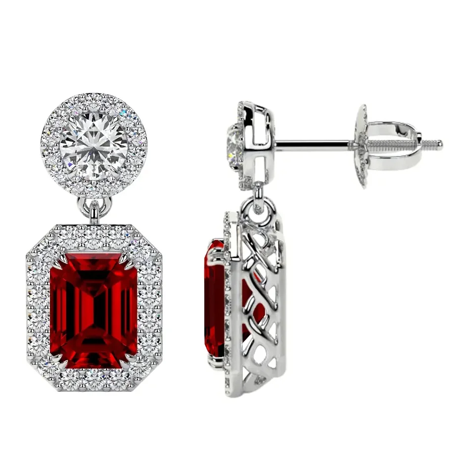 Lab Grown Dangling Ruby Earring With Round Diamonds (7.35cttw) Premium Quality