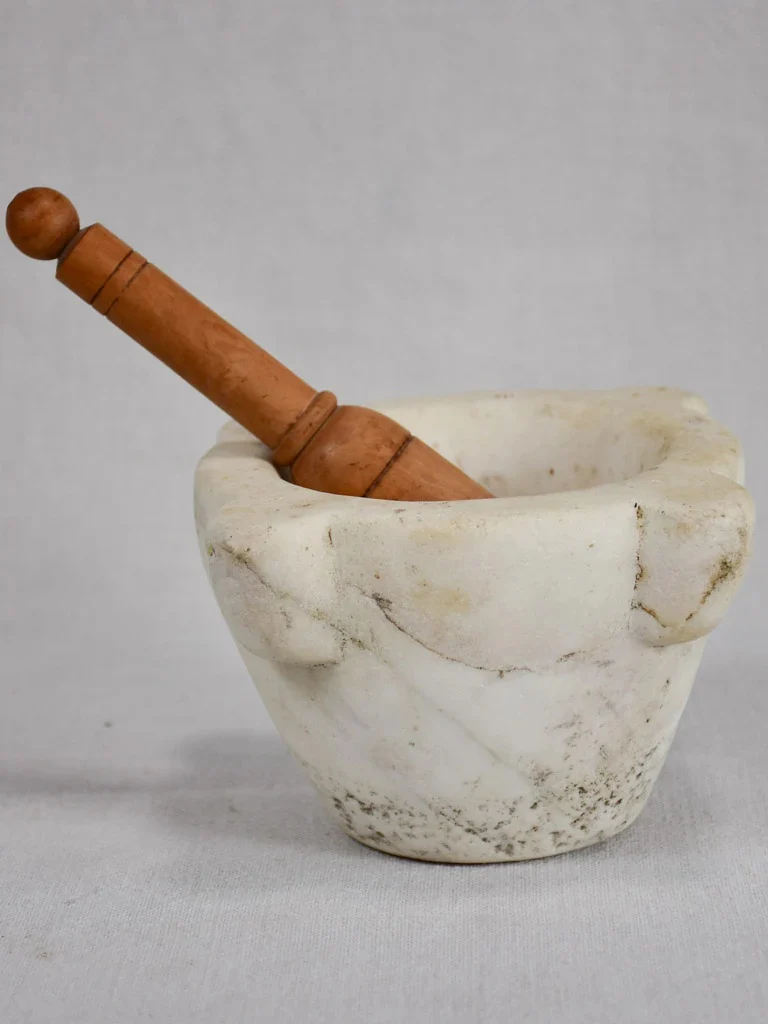 Antique French Marble Mortar With Wooden Pestle 7"
