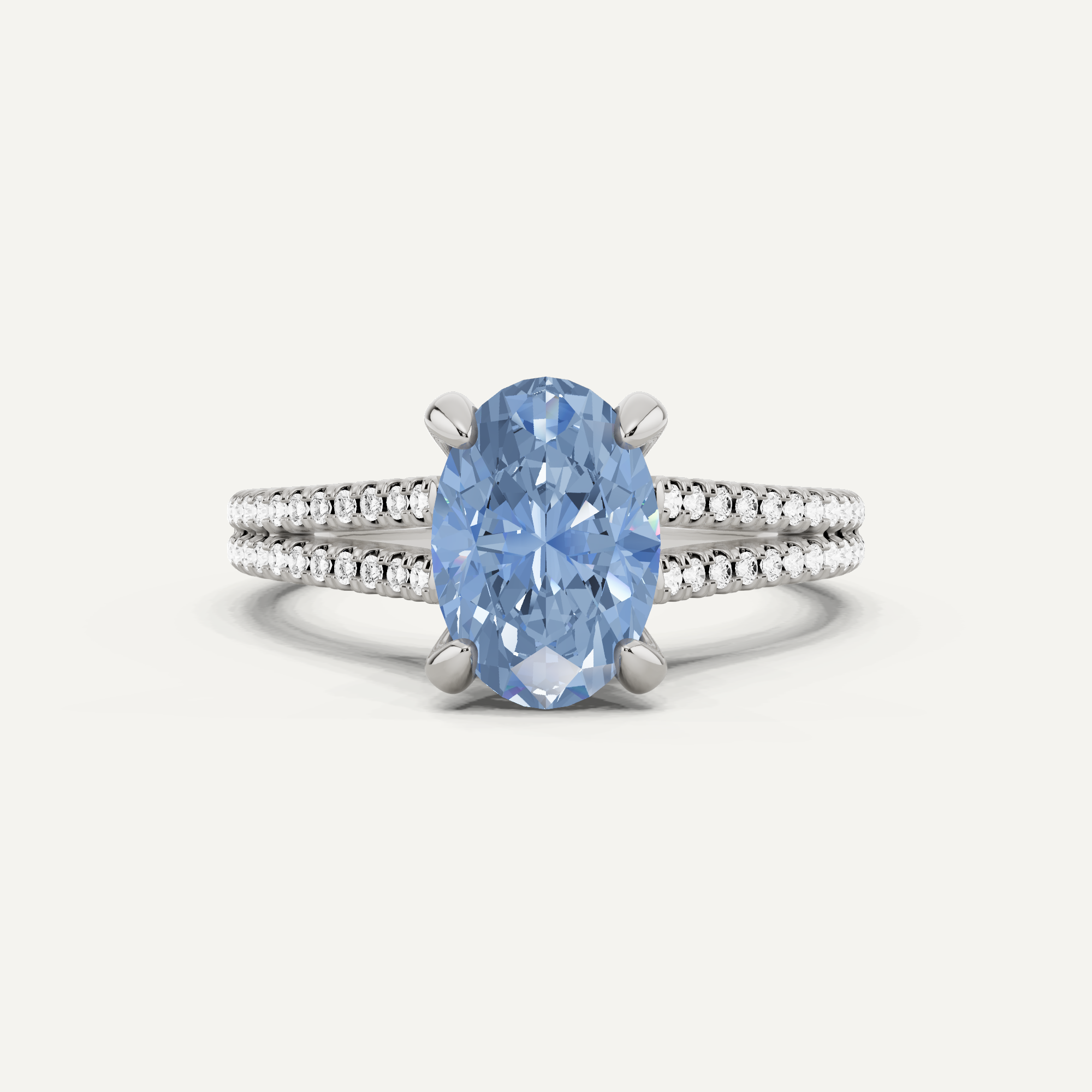 2 1/4 Ctw Oval Created Aquamarine Split Shank Hidden Halo Engagement Ring - 14k White Gold