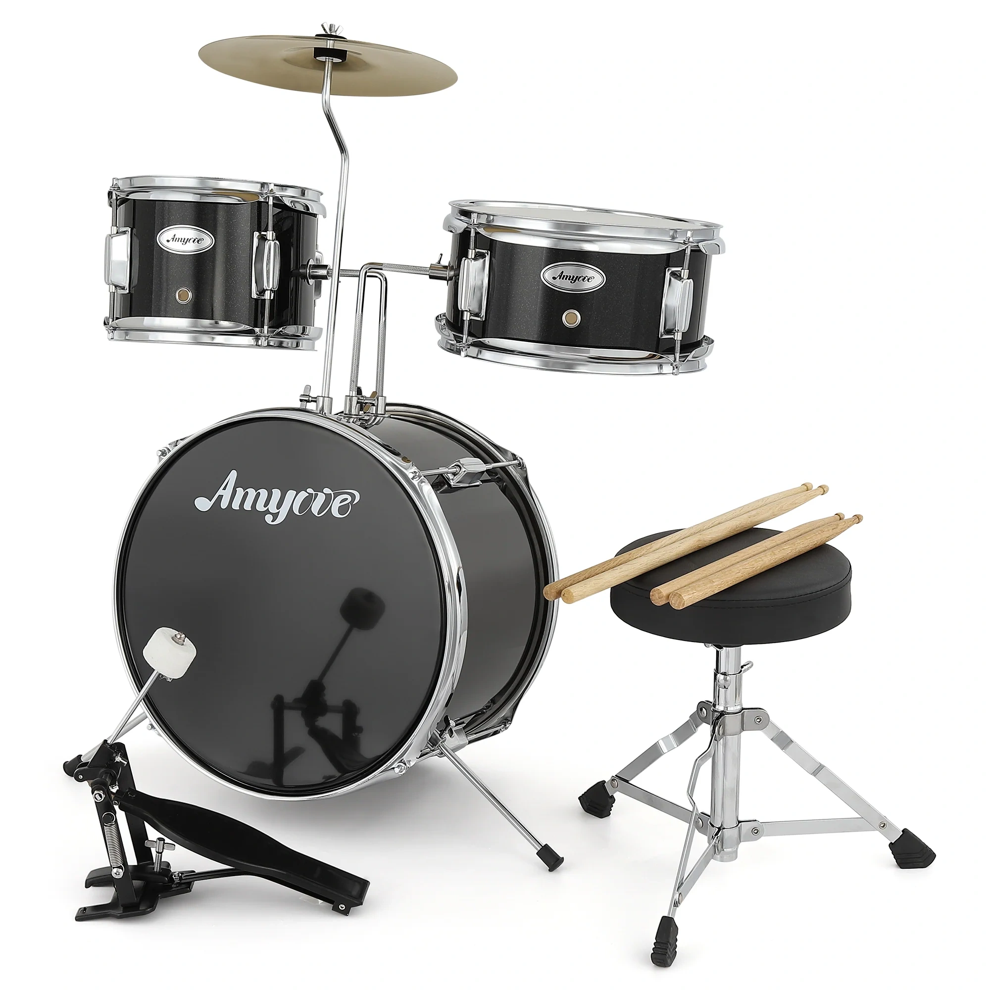 Garvee 3-piece Junior Drum Set For Beginners – Percussion Kit With Bass Drum, Snare, Tom, Cymbal, Drumsticks, Stool & Pedal – Musical Instrument Gift For Kids Ages 4-12 – Black
