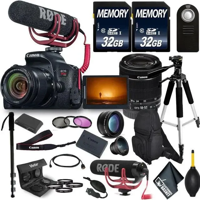 Canon Eos Rebel T7i Dslr Camera With 18-55mm Lens 2 Memory Cards, Video Microphone, Backpack, Accessories Bundle