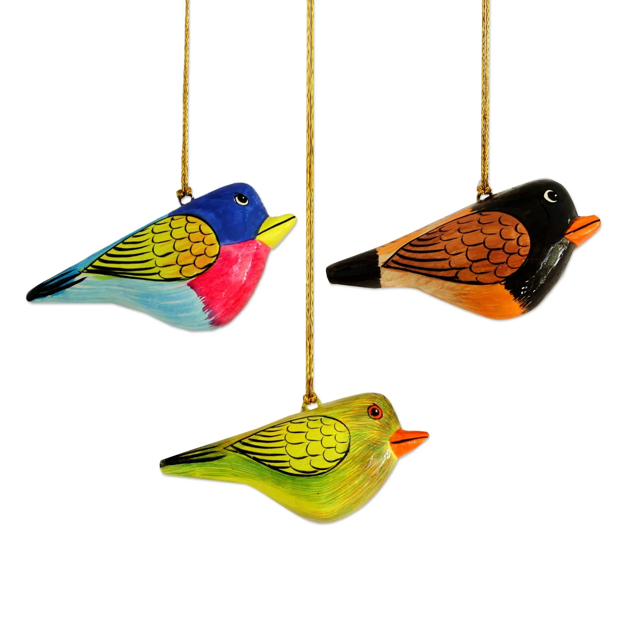Three Hand-painted Papier Mache Bird Ornaments From India - Cuckoo Birds