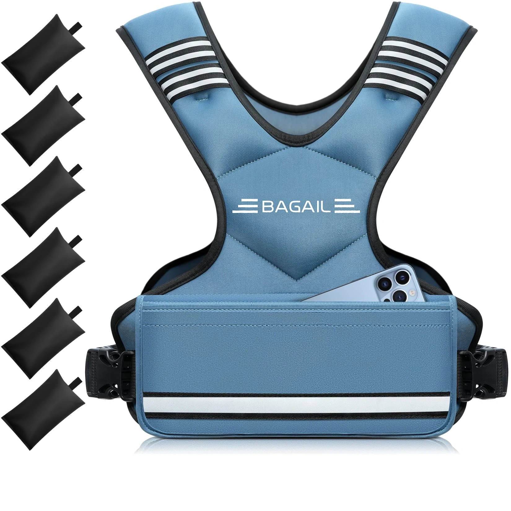 Bagail Adjustable Weighted Vest For Men 20-32lb, Comfortable U-neck Rucking Vest With 6 Removable Weights, Storage Pocket And Reflective Strips For Strength Training, Advanced Bodyweight Workouts & Endurance
