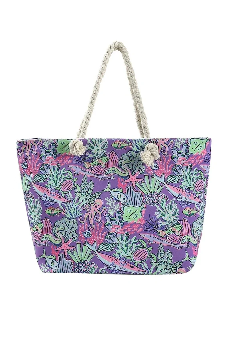 Mb0224 Hand Drawn Sea Life Print Beach Tote Bag