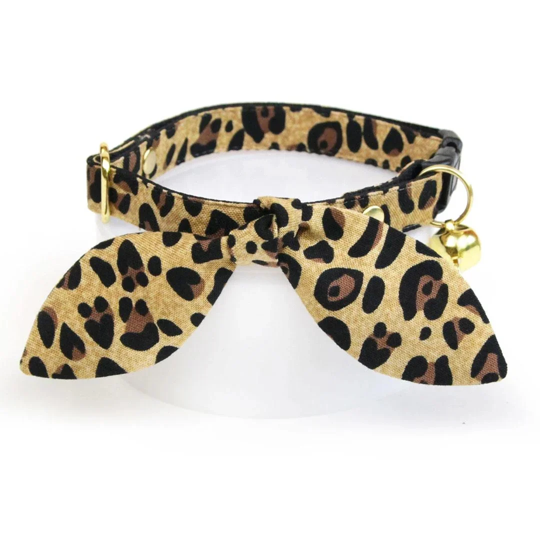 Cat Collar & Bunny Ear Bow Set - "safari" - Tan Leopard Animal Print Cat Collar W/ Matching Bunny Bow Tie