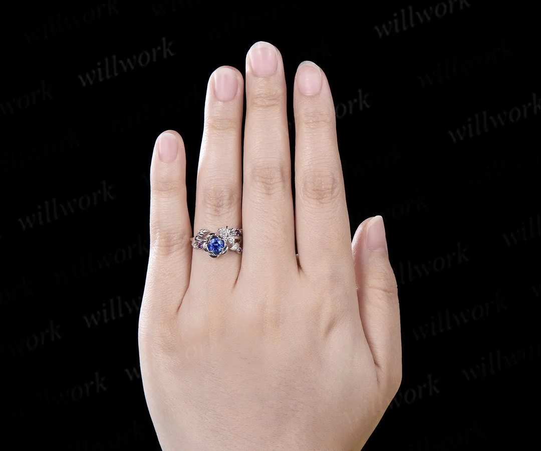 Vintage Round Cut Natural Sapphire Engagement Ring Floral Leaf Bee Amethyst Wedding Anniversary Ring Women - 18k White Gold