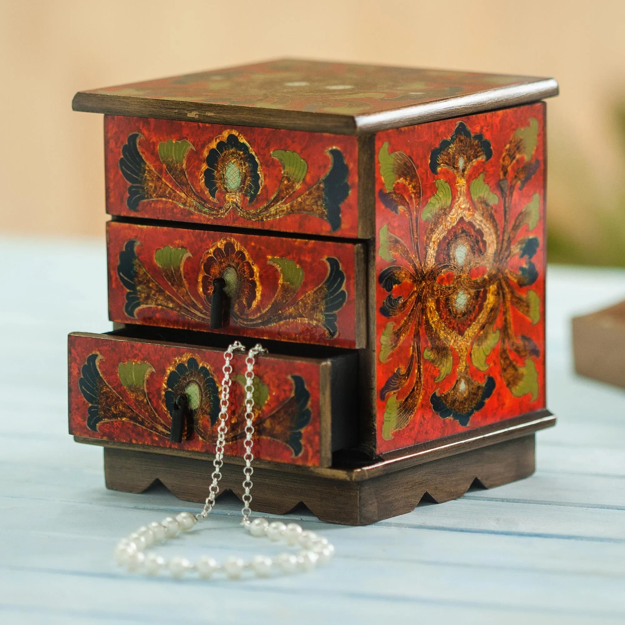 Reverse Painted Glass Decorative Chest In Red From Peru - Joyous Red Enchantment | Novica