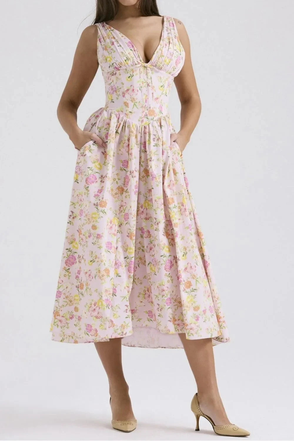 Floral V-neck Sleeveless Midi Resort Dress With Pockets - Blush Pink