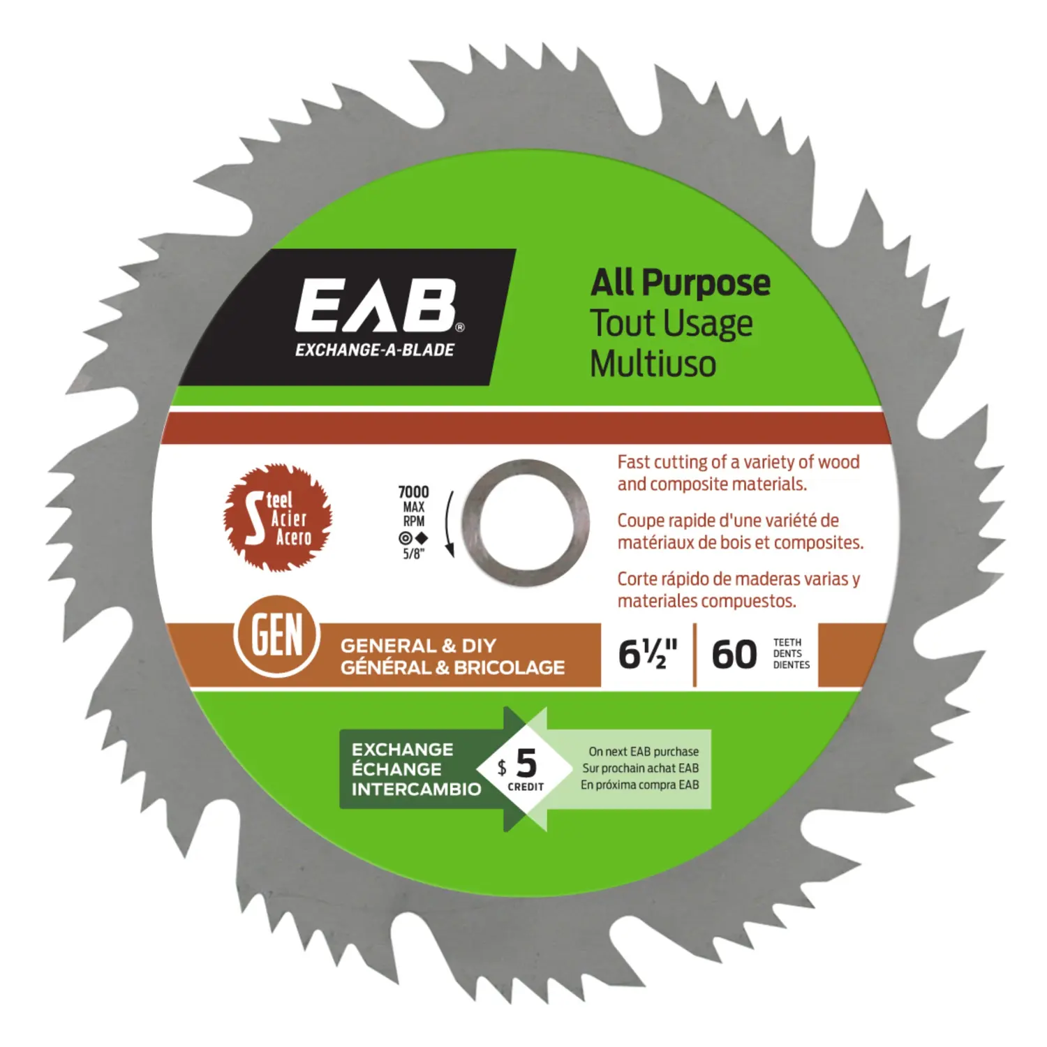 Exchange-a-blade 6-1/2 In. D X 5/8 In. General Steel Saw Blade 60 Teeth 1 Pc