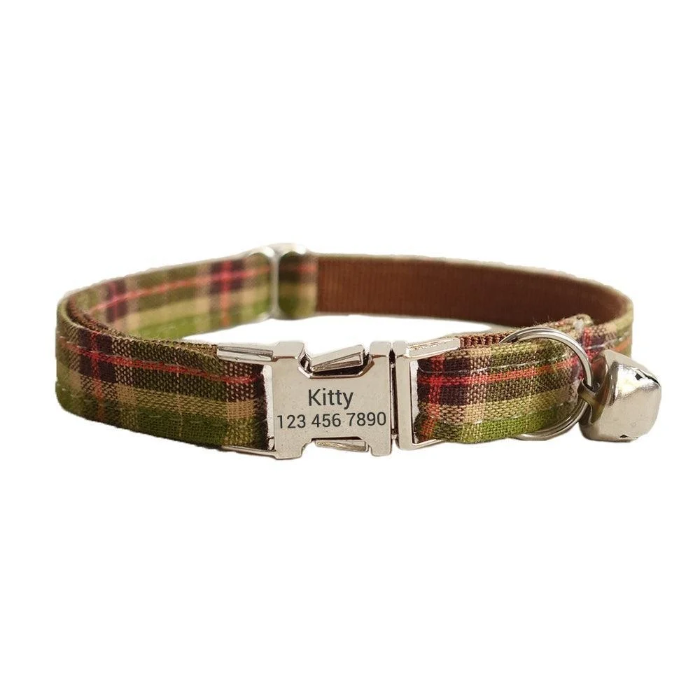 Grid Adjustable Personalized Cat Collar With Removable Bell & Bowtie - Darkgreen/collar Only