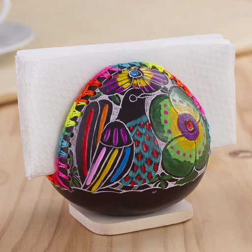 Colorful Bird And Flowers Hand Painted Gourd Napkin Holder - Bright Song