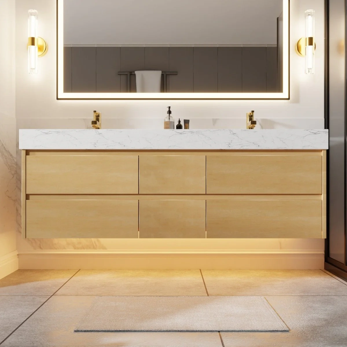 Sleek 60" Modern Floating Maple Wood Bathroom Vanity Cabinet With With Lights And Stone Slab Countertop