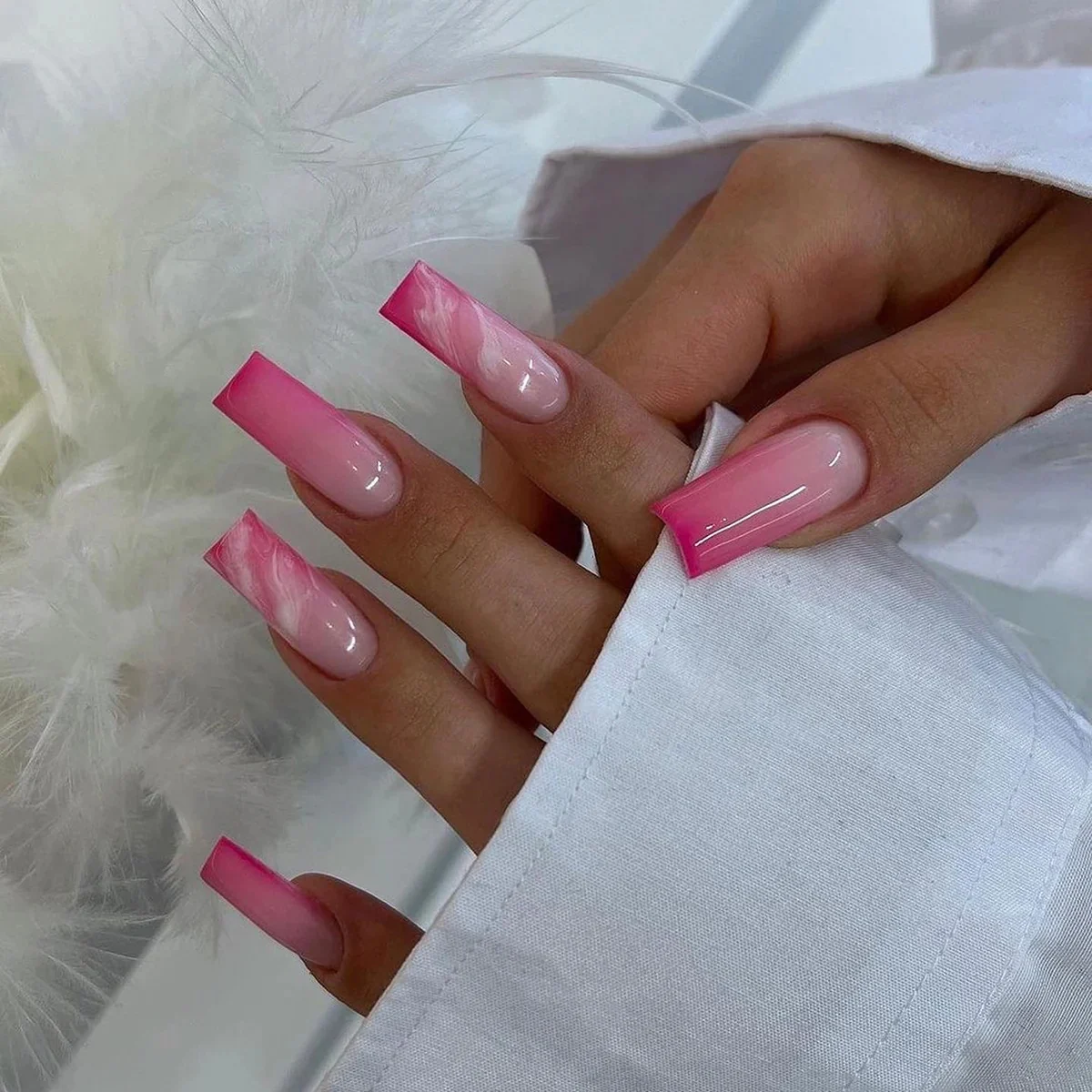 How Gorg Long Square Pink Marble Press On Nails