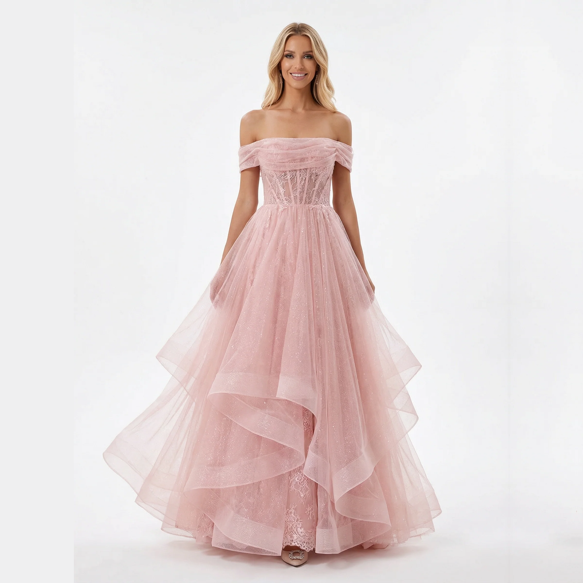 Gorgeous Off The Shoulder Lace Applique Corset A-line Glitter Tulle Prom Ball Gown - Gold
