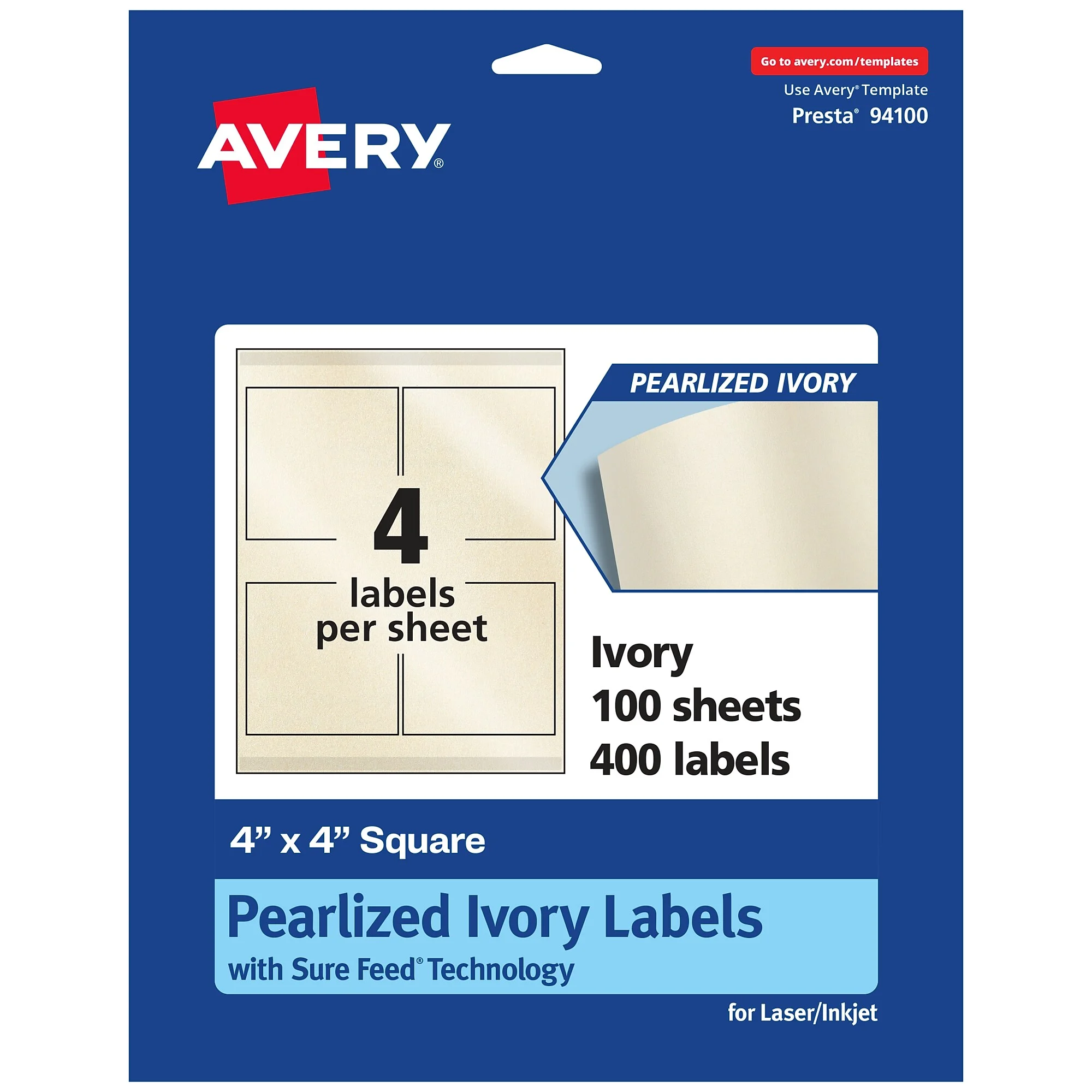 Avery Pearlized Ivory Square Multipurpose Labels, 4 X 4, Ivory, 400/box