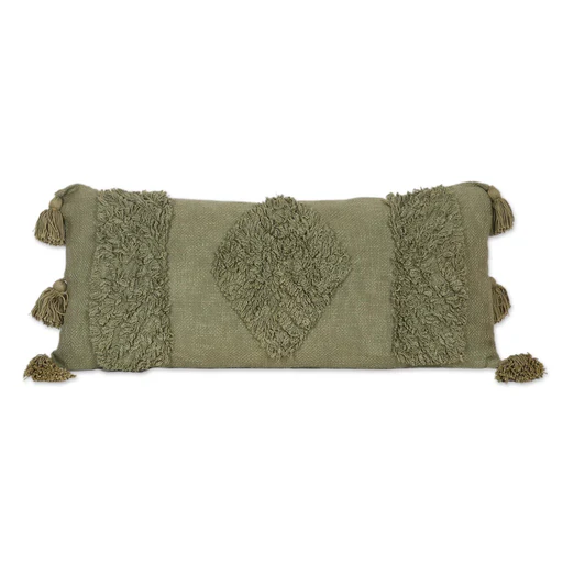 Green Cotton Cushion Cover With Tufted Embroidery - Good Deed In Green